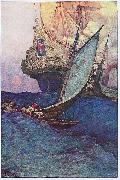 Howard Pyle An Attack on a Galleon: illustration of pirates approaching a ship oil painting